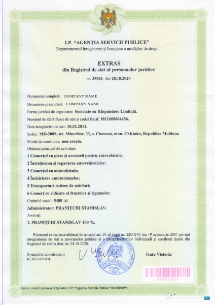 Download Moldavia Certificate of Incorporation Photoshop template